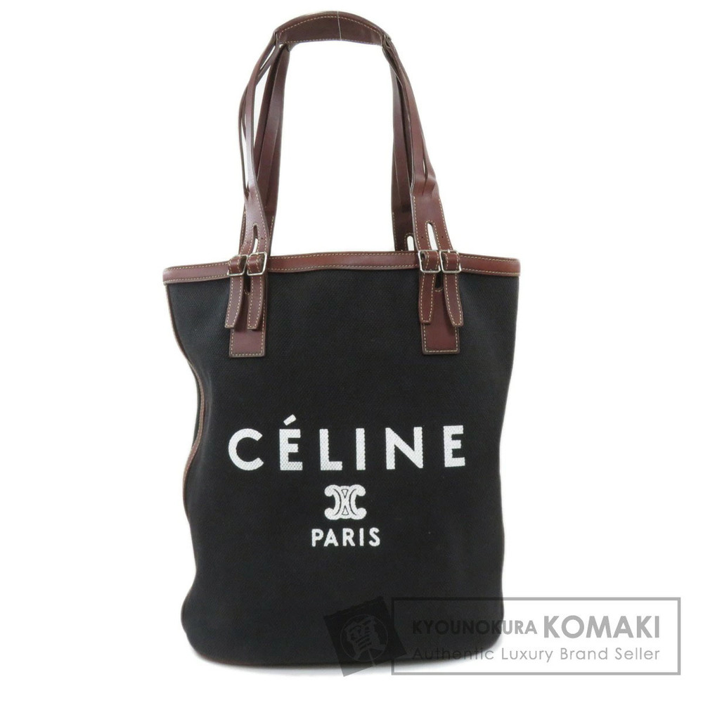 Celine tote bag brown leather trim handles logo bag Black